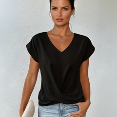 Black sweetheart V-neck casual t-shirt with draped front and short sleeves