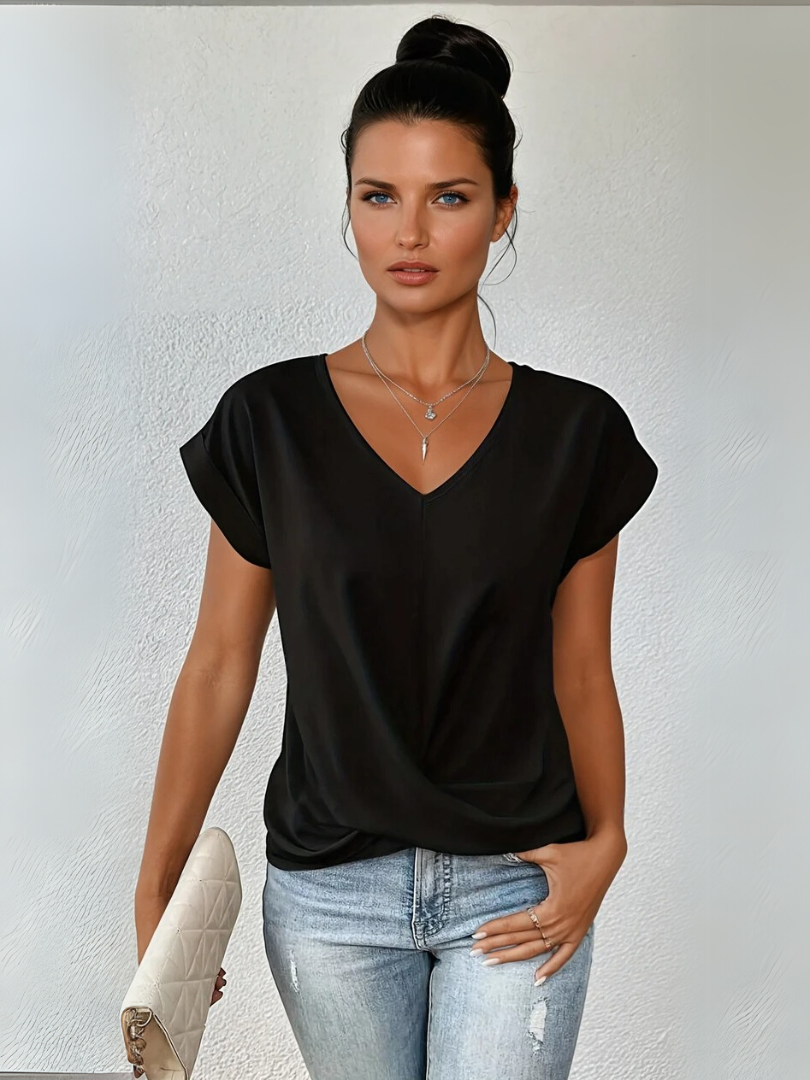 Black sweetheart V-neck casual t-shirt with draped front and short sleeves