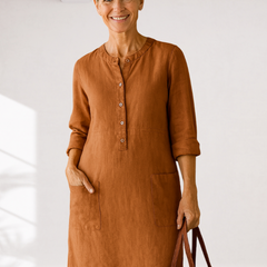 Brown linen-look everyday dress with front buttons, three-quarter sleeves, side pockets
