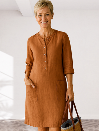 Brown linen-look everyday dress with front buttons, three-quarter sleeves, side pockets