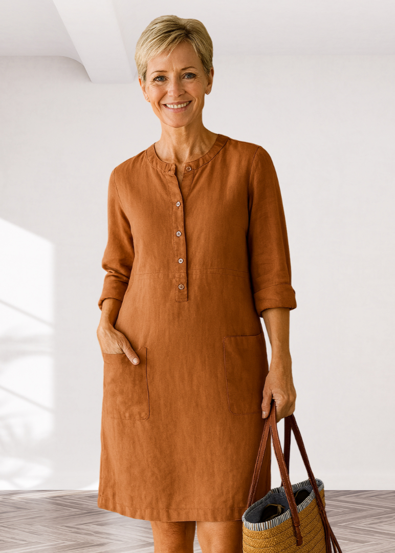 Brown linen-look everyday dress with front buttons, three-quarter sleeves, side pockets
