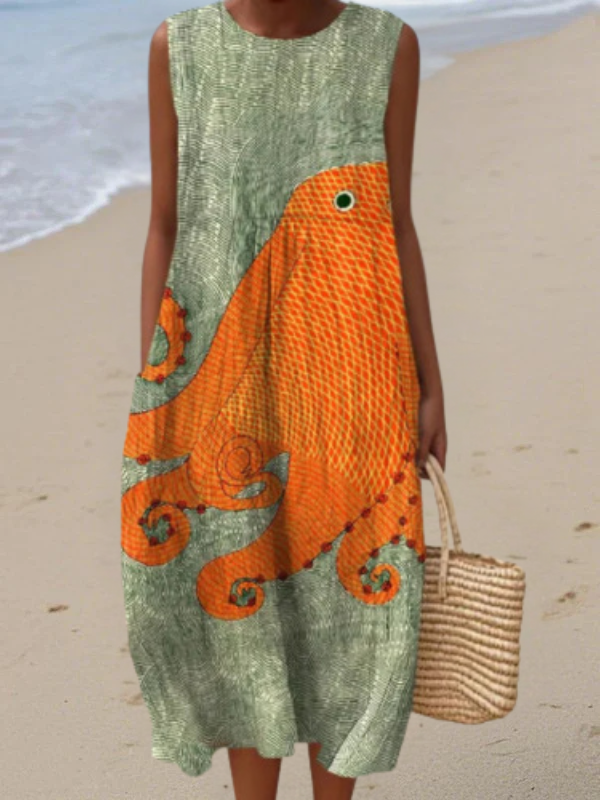 Tess™ Oceanic midi dress, sleeveless scoop neck, green with orange fish pattern
