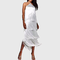 White halter tassel dress with layered fringe and asymmetrical skirt tiers