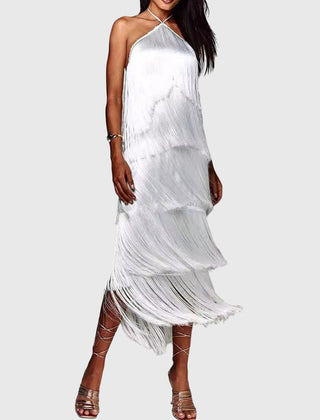 White halter tassel dress with layered fringe and asymmetrical skirt tiers
