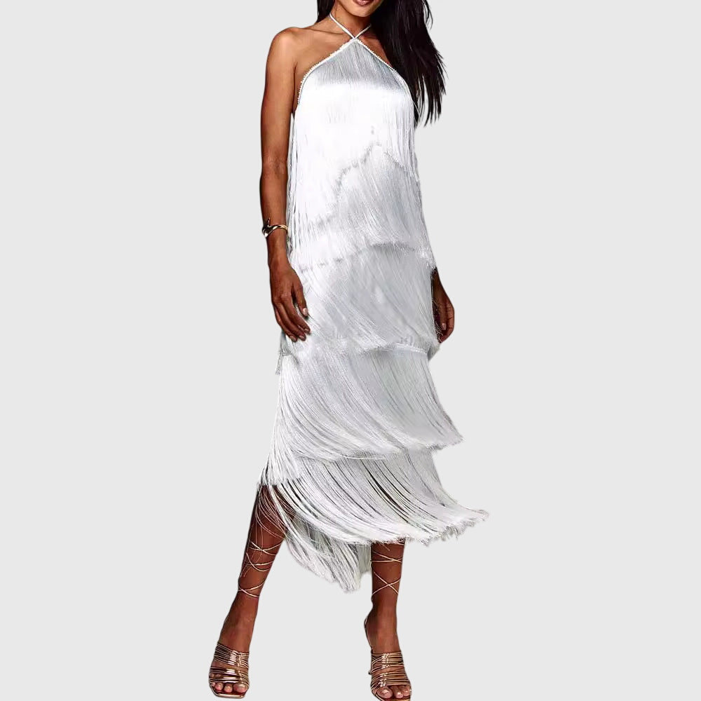 White halter tassel dress with layered fringe and asymmetrical skirt tiers