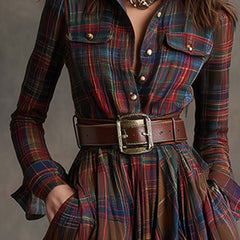 Plaid button-up shirt dress with flap chest pockets, belt, and long sleeves