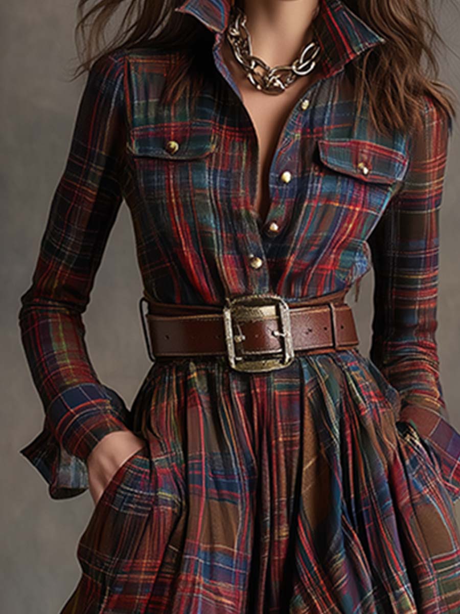 Plaid button-up shirt dress with flap chest pockets, belt, and long sleeves