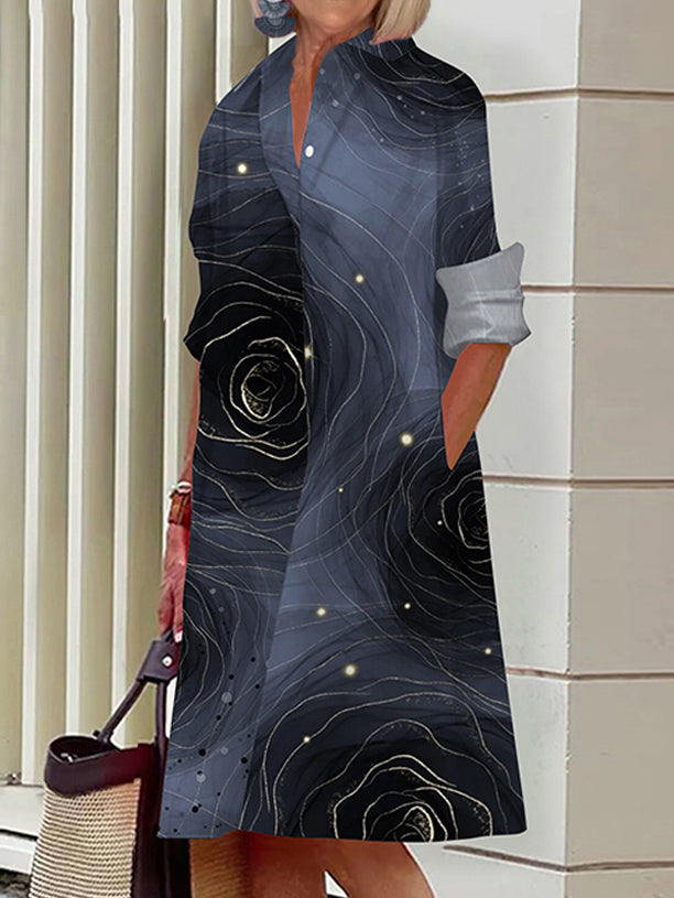 Ayah delicate shirt dress in dark blue with abstract floral print, button-front, long sleeves