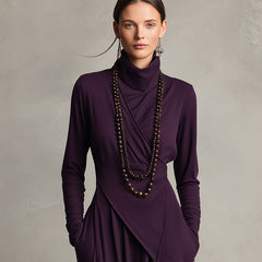 Purple asymmetrical maxi knit dress with roll neck, draped front and long sleeves