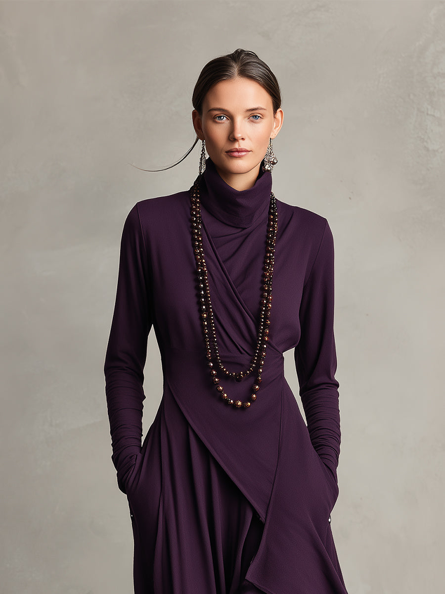 Purple asymmetrical maxi knit dress with roll neck, draped front and long sleeves
