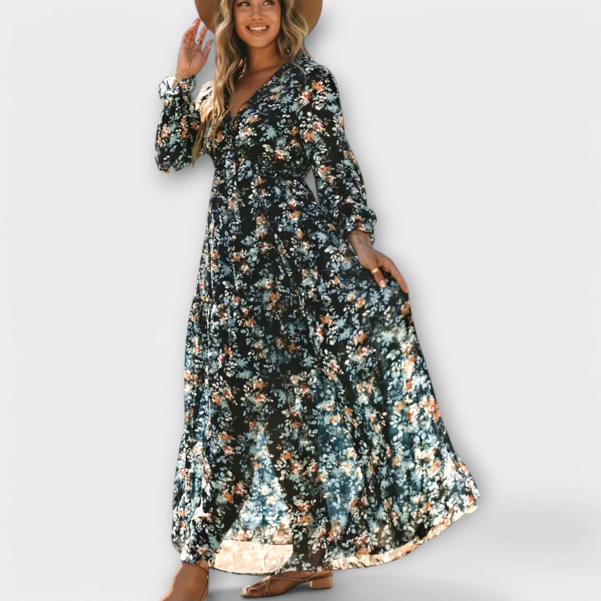 Black floral tiered maxi dress with V-neck and long sleeves