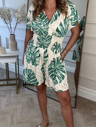 Cream leaf print V-neck short-sleeve dress with tied waist