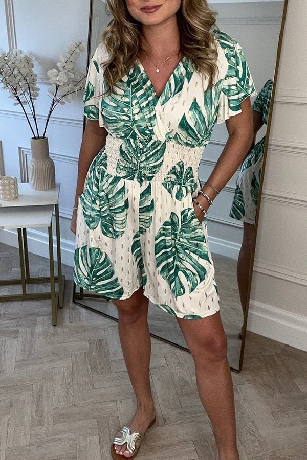 Cream leaf print V-neck short-sleeve dress with tied waist