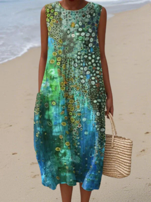 Sleeveless reef print midi dress, multicolor teal green and blue circular pattern