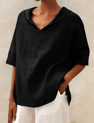 Oversized linen shirt in carbon black with V-neck and short sleeves