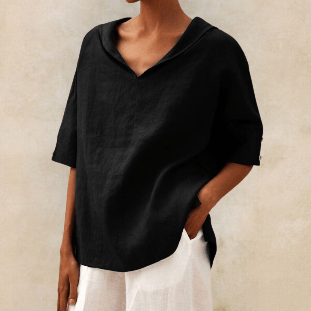 Oversized linen shirt in carbon black with V-neck and short sleeves