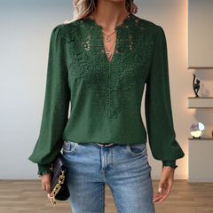Green embroidered lightweight blouse with V-neck button placket and long puff sleeves