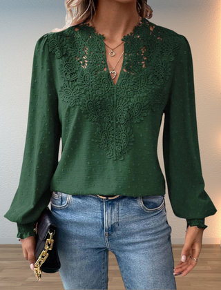 Green embroidered lightweight blouse with V-neck button placket and long puff sleeves