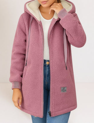 Pink fleece zip hoodie jacket with sherpa lining, drawstring hood, front zip, side pockets