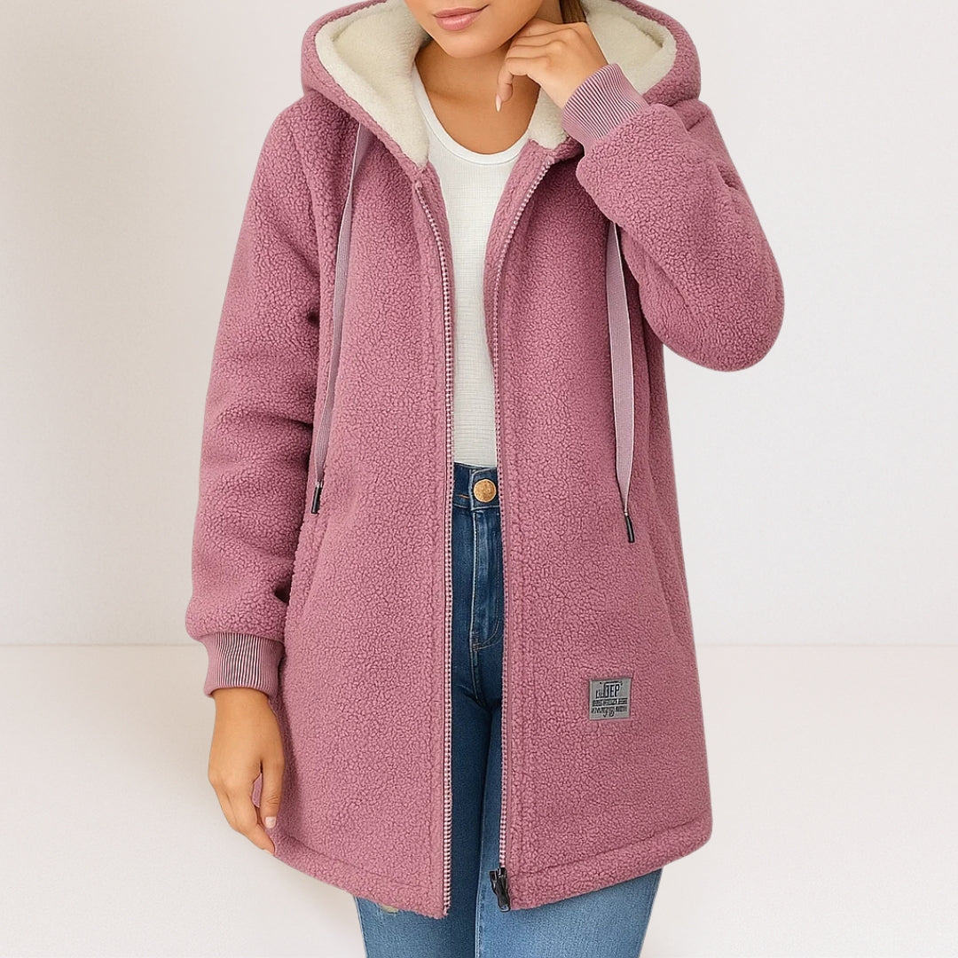 Pink fleece zip hoodie jacket with sherpa lining, drawstring hood, front zip, side pockets