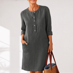 Dark gray linen-look everyday dress with front buttons, three-quarter sleeves, side pockets