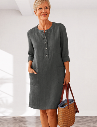 Dark gray linen-look everyday dress with front buttons, three-quarter sleeves, side pockets