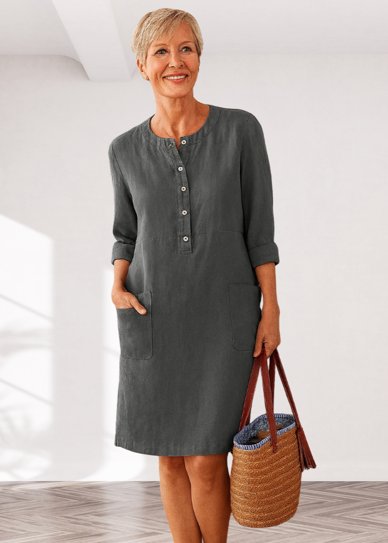 Dark gray linen-look everyday dress with front buttons, three-quarter sleeves, side pockets