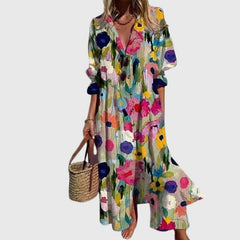 Colorful bohemian dress with floral print, V-neck, short sleeves, flared ruffle hem