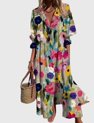 Colorful bohemian dress with floral print, V-neck, short sleeves, flared ruffle hem