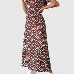 Maxi casual dress, maroon floral print with short puff sleeves