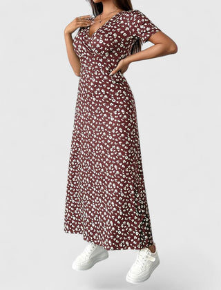 Maxi casual dress, maroon floral print with short puff sleeves