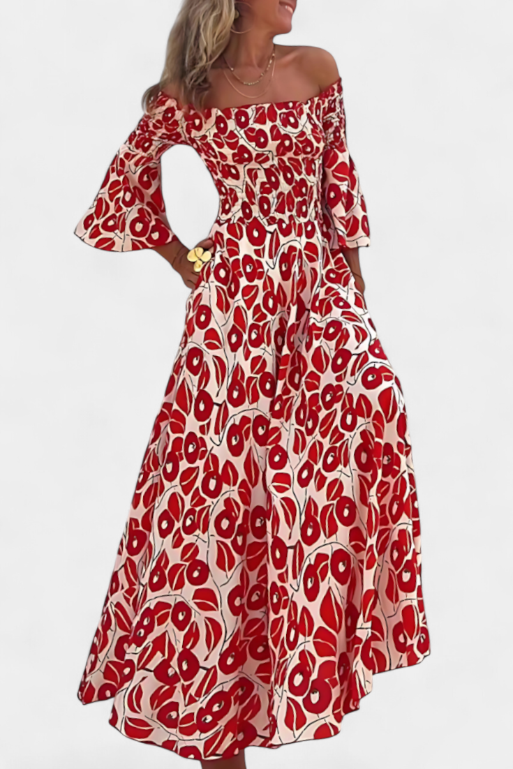 Red patterned off-shoulder maxi dress with flared sleeves and flowing tiered skirt