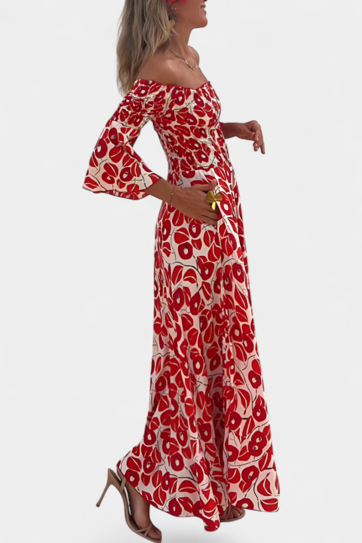 Red off-shoulder maxi dress with long flared sleeves and draped gathered skirt