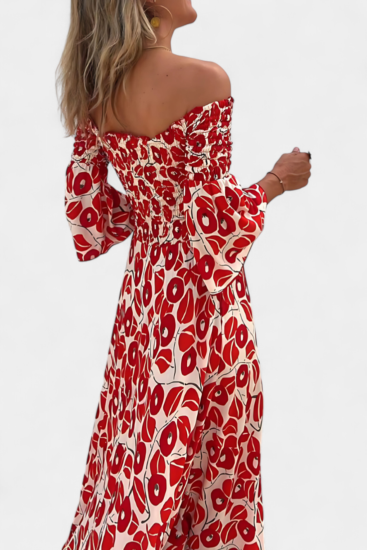 Red off-shoulder maxi dress with open-back detail and long flared sleeves