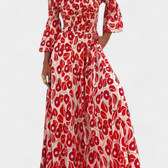 Red off-shoulder maxi dress with flared 3/4 sleeves and gathered A-line skirt