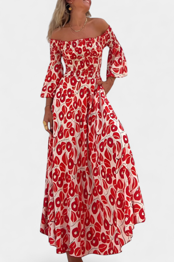 Red off-shoulder maxi dress with flared 3/4 sleeves and gathered A-line skirt