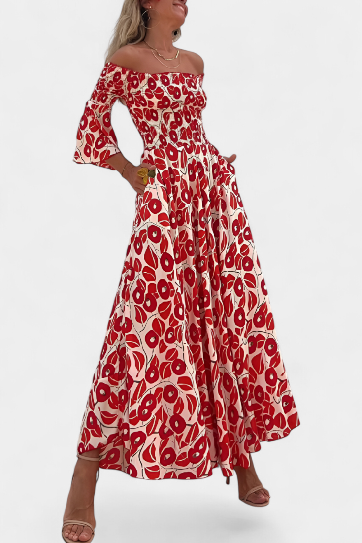 Red off-shoulder maxi dress with long flared sleeves and tiered gathered skirt