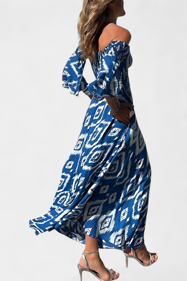 Blue off-shoulder maxi dress with long flared sleeves and flowing gathered hem