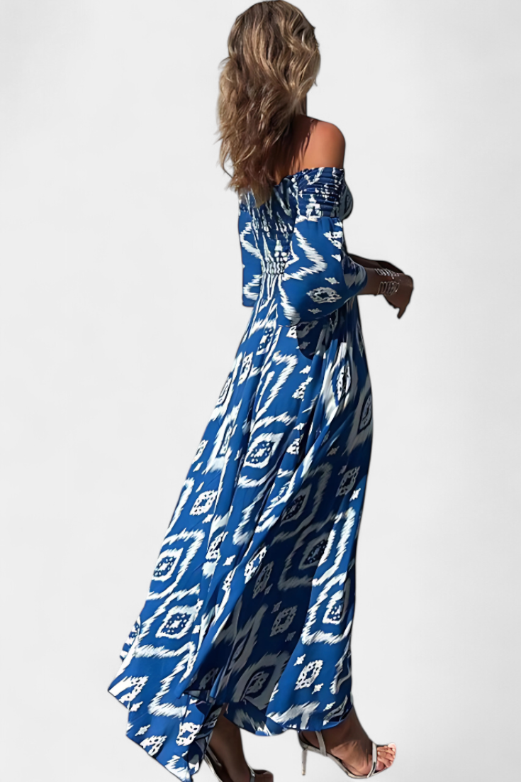 Blue off-shoulder maxi dress with open-back look and long flared sleeves
