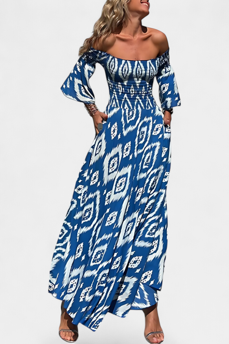 Blue patterned off-shoulder maxi dress with long flared sleeves and draped skirt