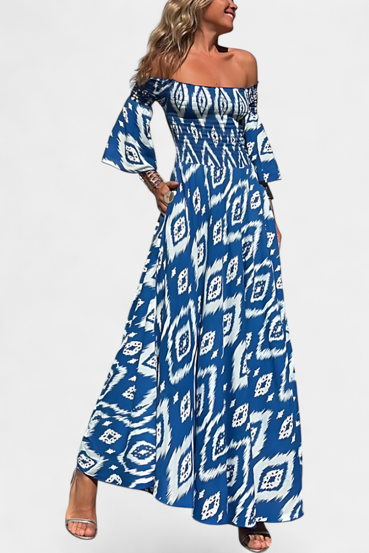 Blue off-shoulder maxi dress with long flared sleeves and statement patterned bodice