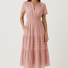 Solene dress, dusty rose pink V-neck tiered midi with short sleeves and smocked waist