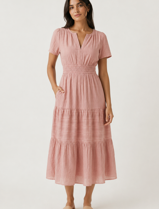 Solene dress, dusty rose pink V-neck tiered midi with short sleeves and smocked waist