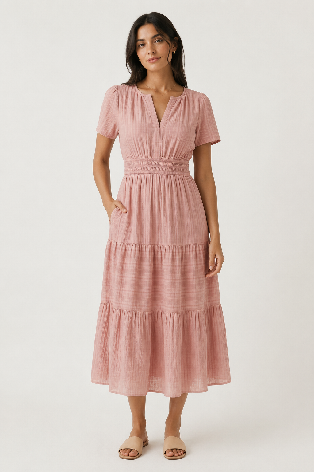 Solene dress, dusty rose pink V-neck tiered midi with short sleeves and smocked waist