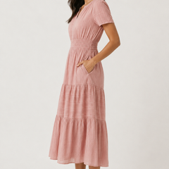 Solene dress, dusty rose pink tiered midi with V-neck, short sleeves, and gathered waist