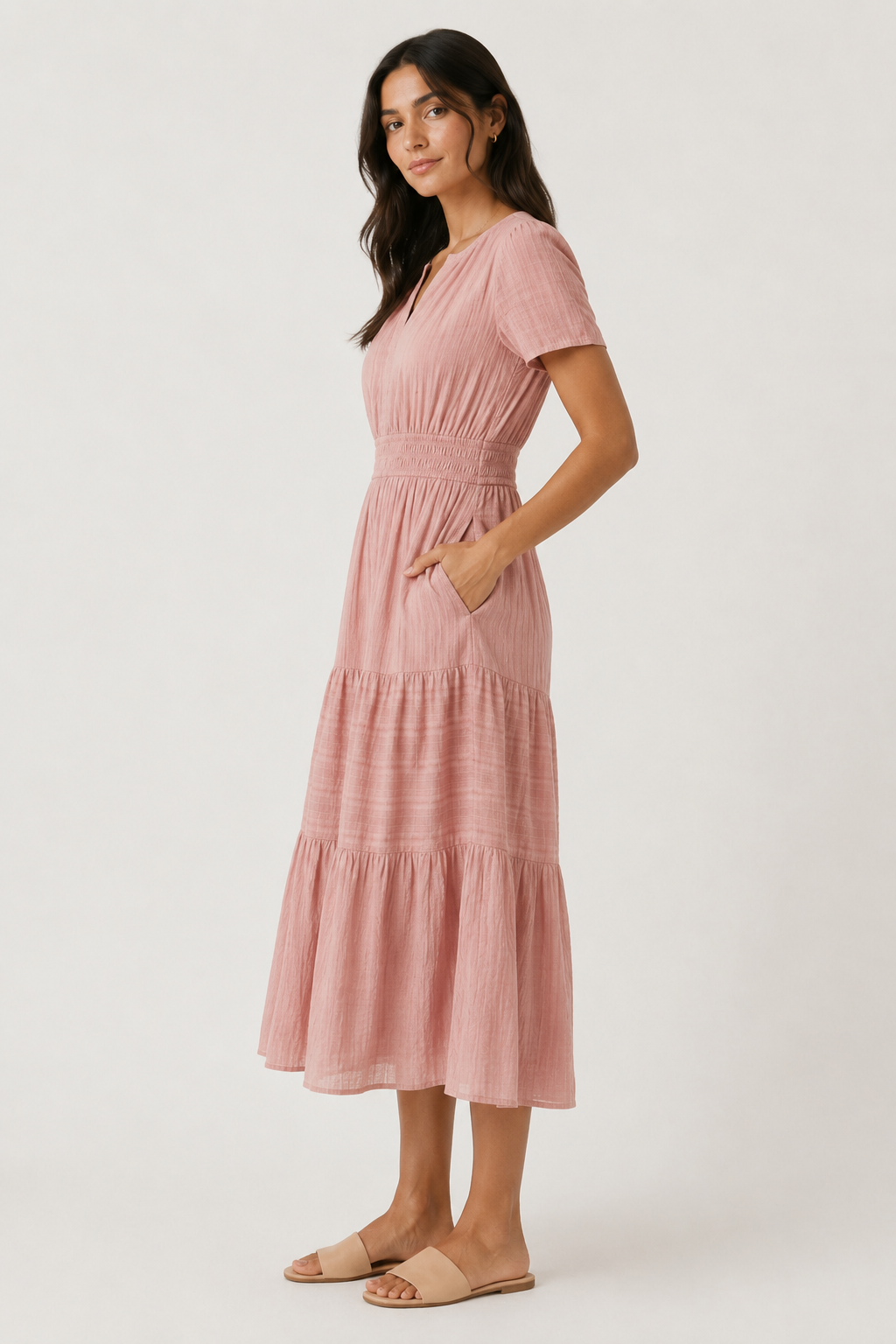 Solene dress, dusty rose pink tiered midi with V-neck, short sleeves, and gathered waist