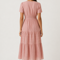 Solene dress, dusty rose pink back view with tiered midi skirt and smocked waist