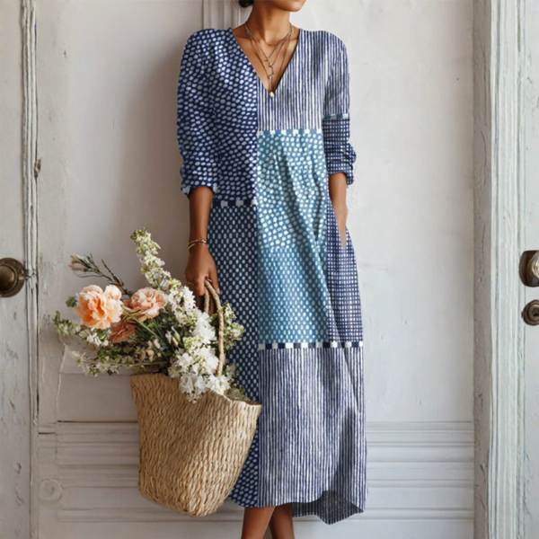 Blue and white patchwork linen midi dress with V-neck and long sleeves