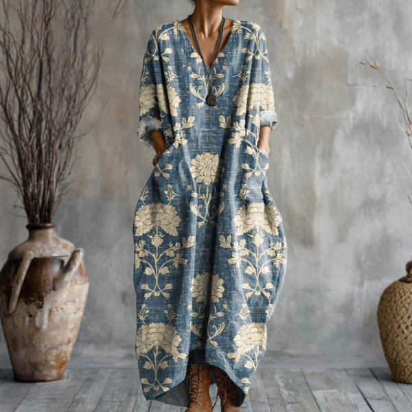Blue floral maxi dress with V-neck and three-quarter sleeves, loose fit