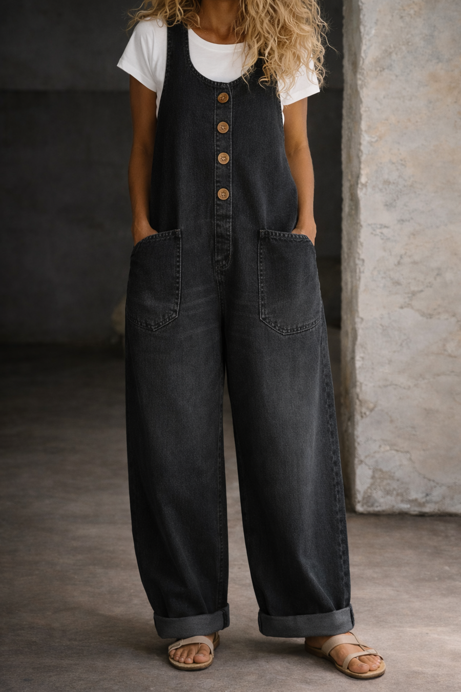 Black denim overalls with button bib, two front patch pockets, relaxed wide-leg fit